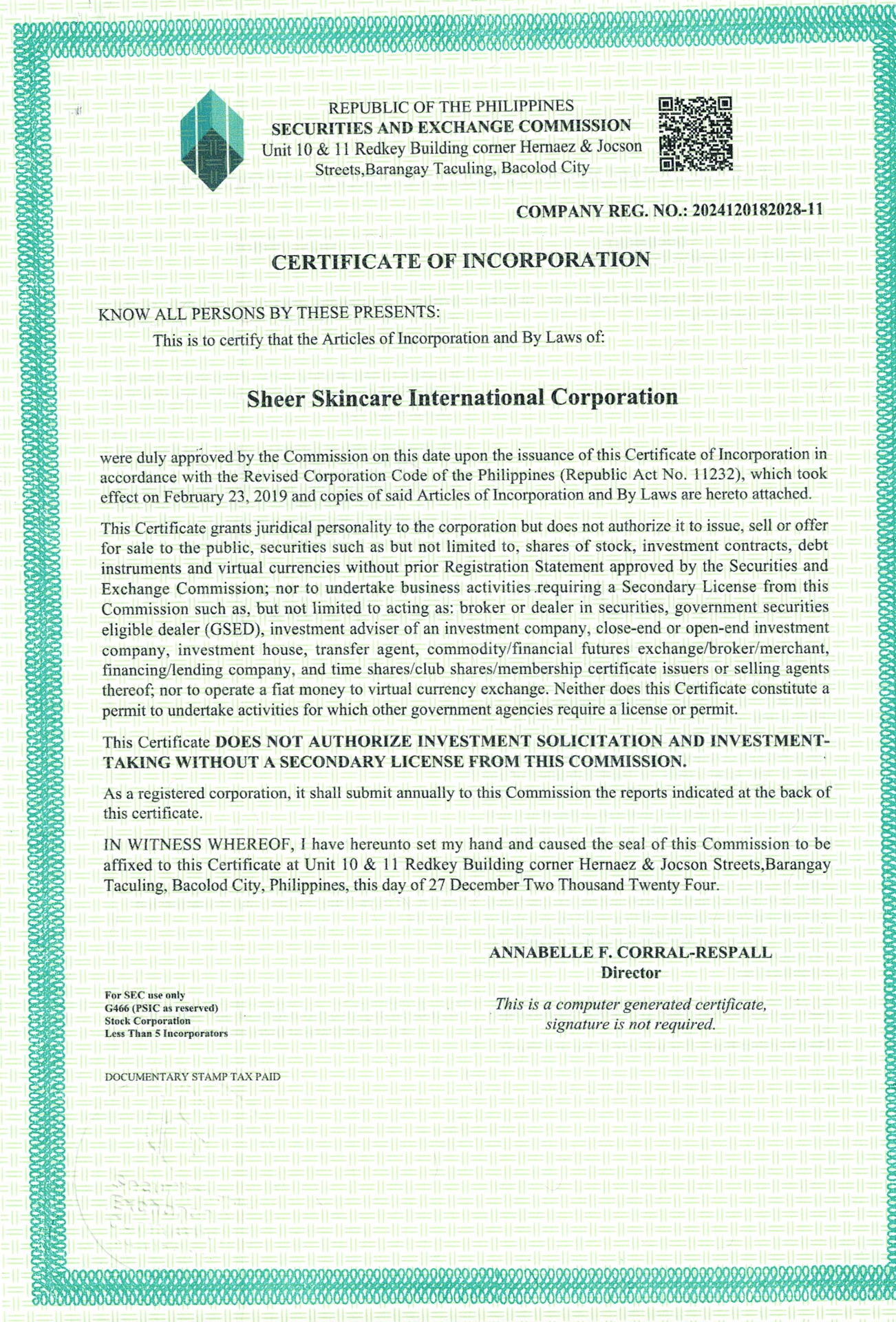SEC Certificate of Incorporation